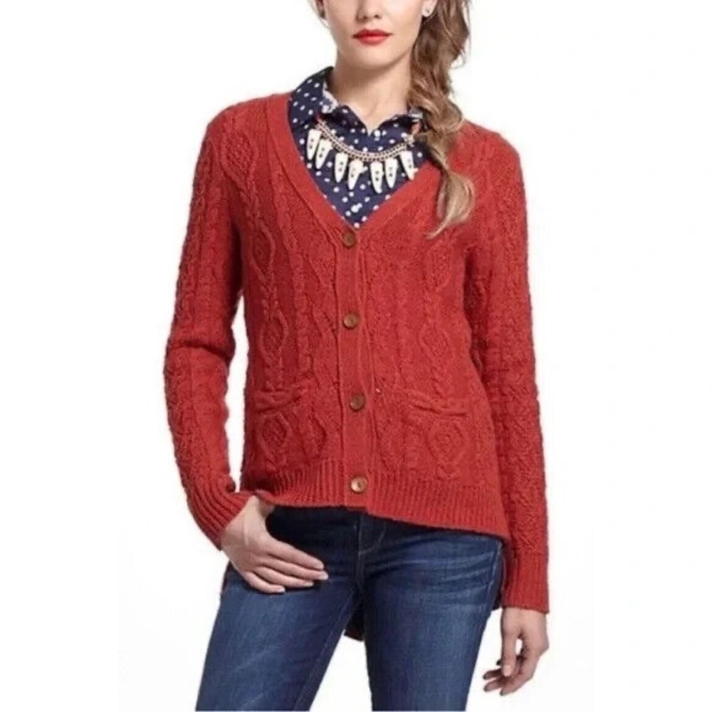 Far Away From Close Cardigan Women Small Red Wool Blend‎ Cable Knit Peplum Tunic